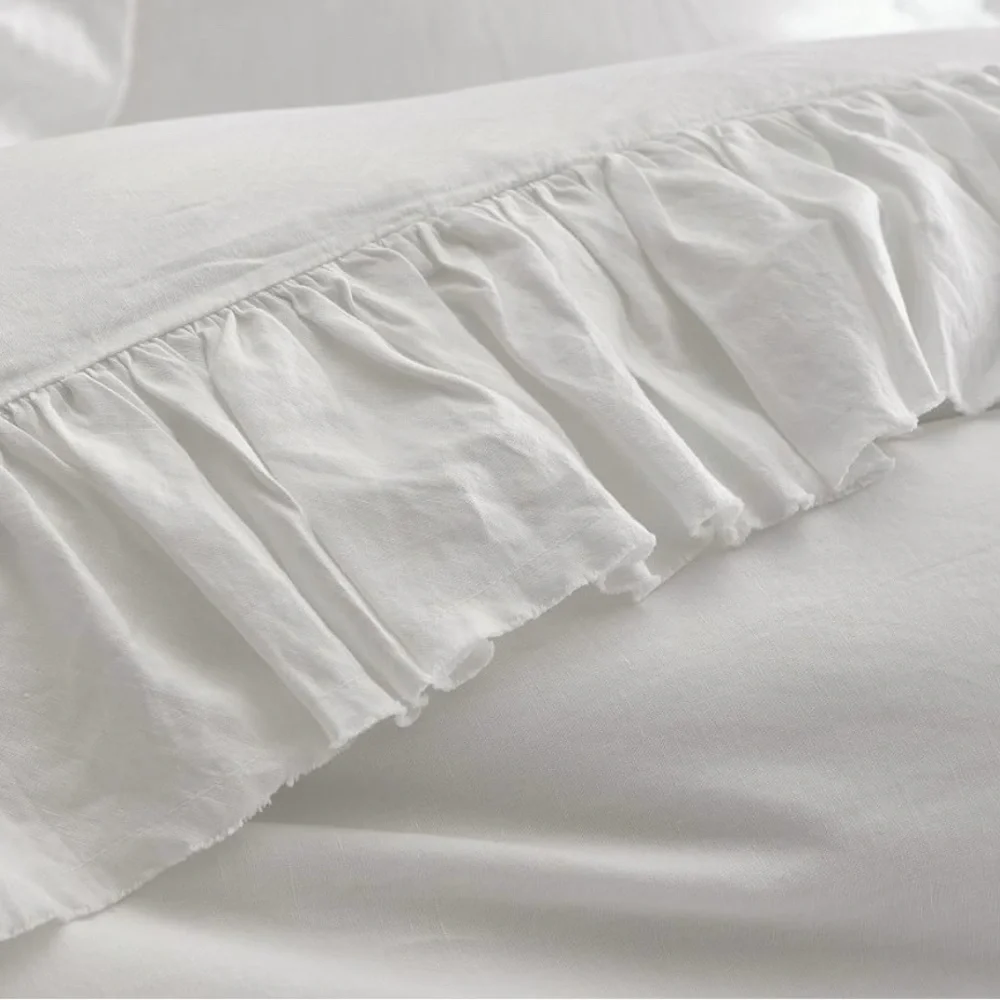 Pottery Barn BELGIAN FLAX LINEN FRINGE RUFFLE Duvet King 2 King Shams White NWOT